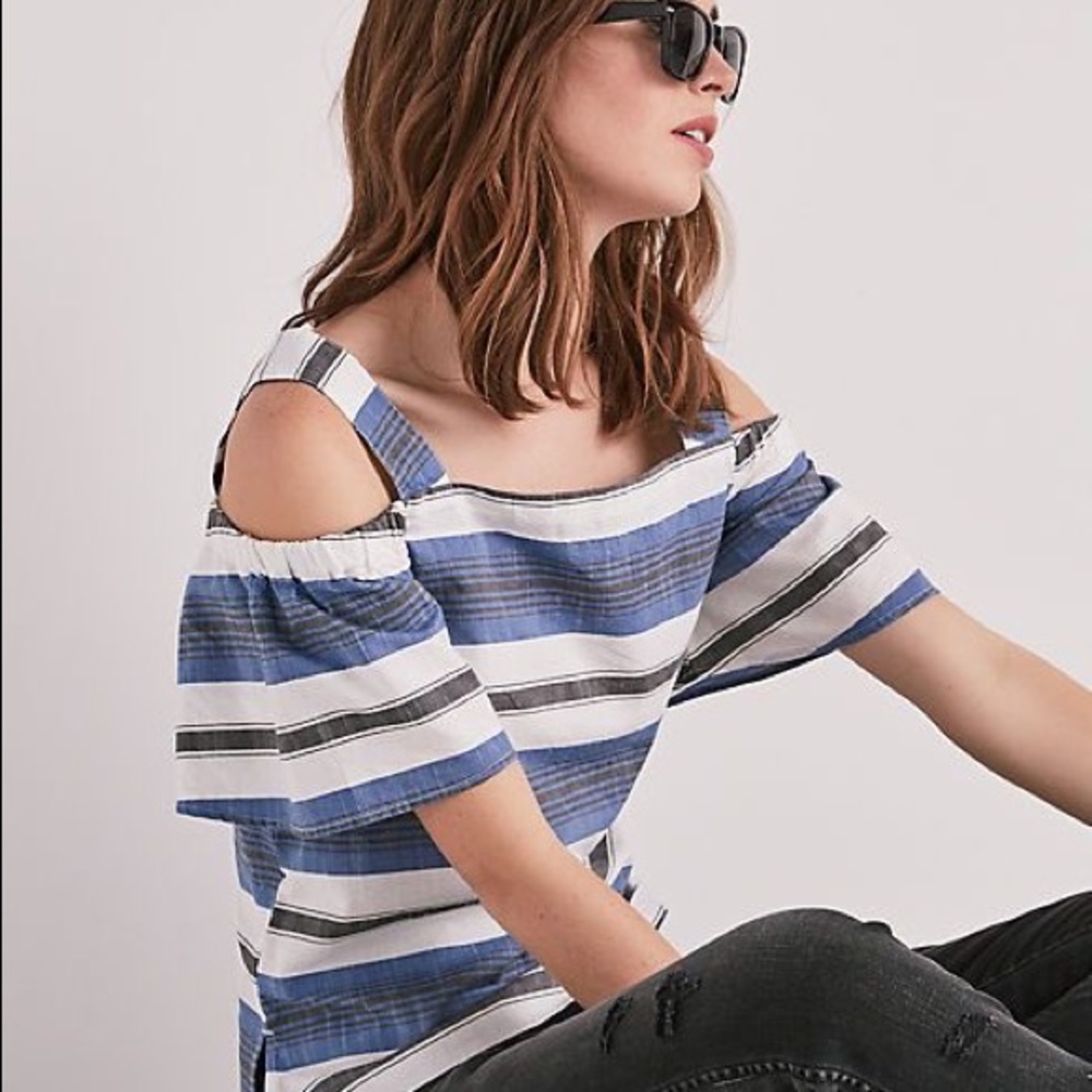 Lucky Brand Blue & White Striped Cold Shoulder Top